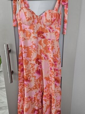 Women’s Pink & Orange Floral Midi Dress with Tie Straps